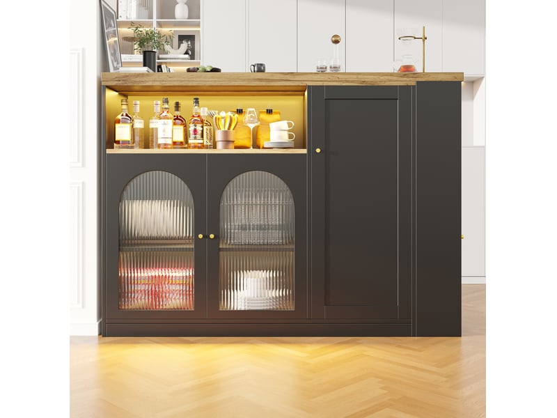  Table bar 360° rotative avec bureau intégré en mdf noir mat et vernis bois - placard à vins et boissons avec porte vitre et éclairage led  - Conforama B