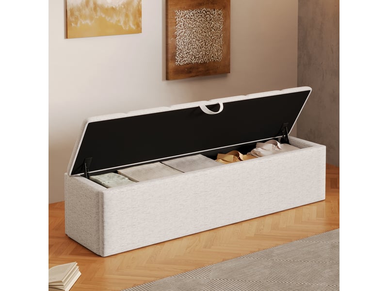  Banc coffre rembourré, 113 × 32 × 36 cm, blanc, velours, rangement intégré, assise relevable, mobile, barrière ouvrante  - Conforama B