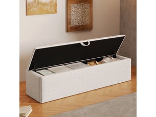 Banc coffre rembourré, 113 × 32 × 36 cm, blanc, velours, rangement intégré, assise relevable, mobile, barrière ouvrante