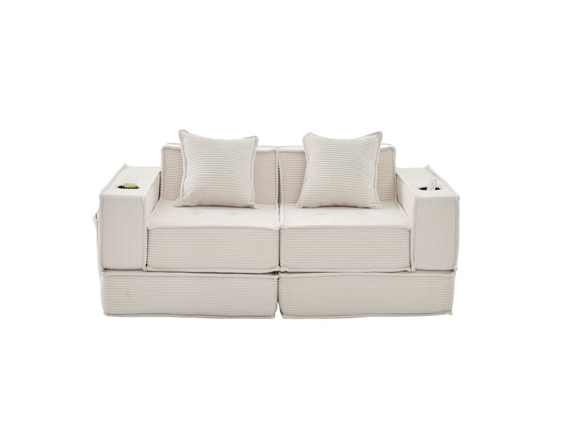  Canapé-lit 2 places modulable en velours côtelé beige avec 2 coussins  - Conforama A