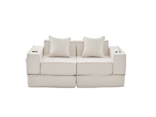 Canapé-lit 2 places modulable en velours côtelé beige avec 2 coussins