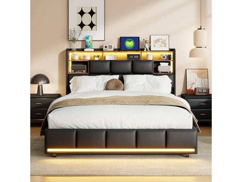  Lit double coffre - 140 x 190 cm-noir - en similicuir, avec tête de lit de rangement, led, station de charge et vérins hydrauliques  - Conforama E