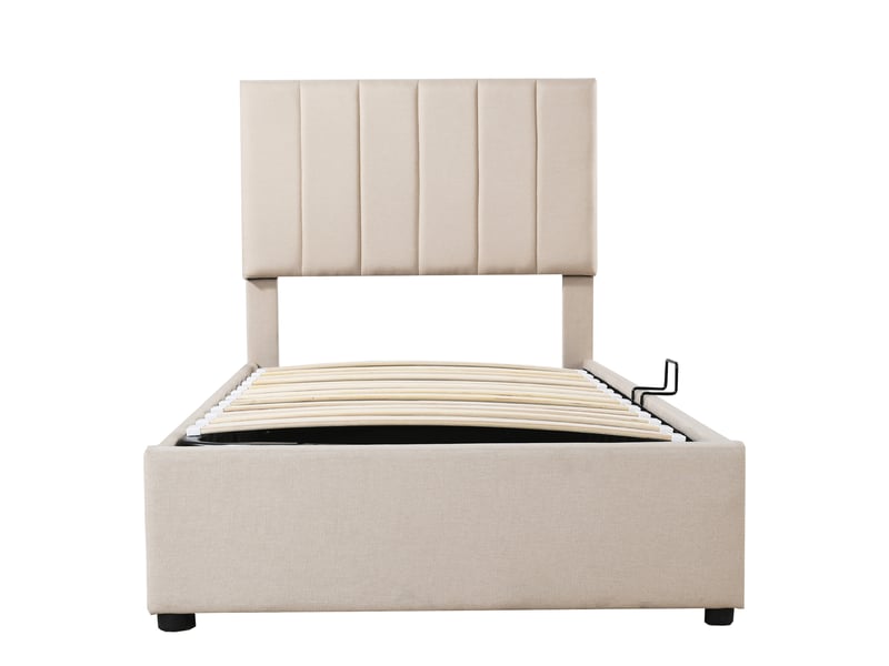 Lit enfant rembourré 90x200 cm, coffre hydraulique, tête de lit réglable, revêtement en lin, sommier à lattes, sans matelas, beige - Conforama A