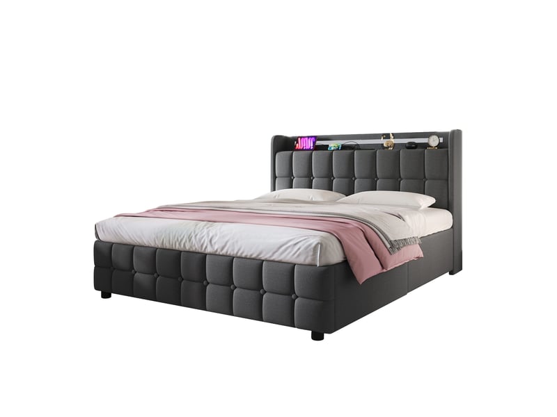 Lit coffre 140x200 cm rembourré, 4 tiroirs de rangement, led et usb intégrés, tête de lit avec boutons, gris - Conforama A