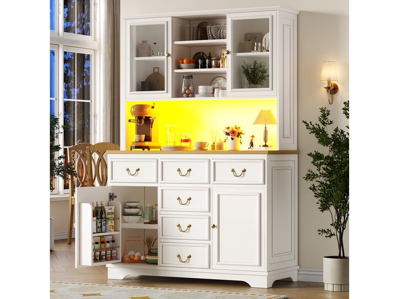  Armoire de cuisine haute avec prises et led, meuble de rangement cuisine blanc 180cm, buffet mdf  - Conforama E