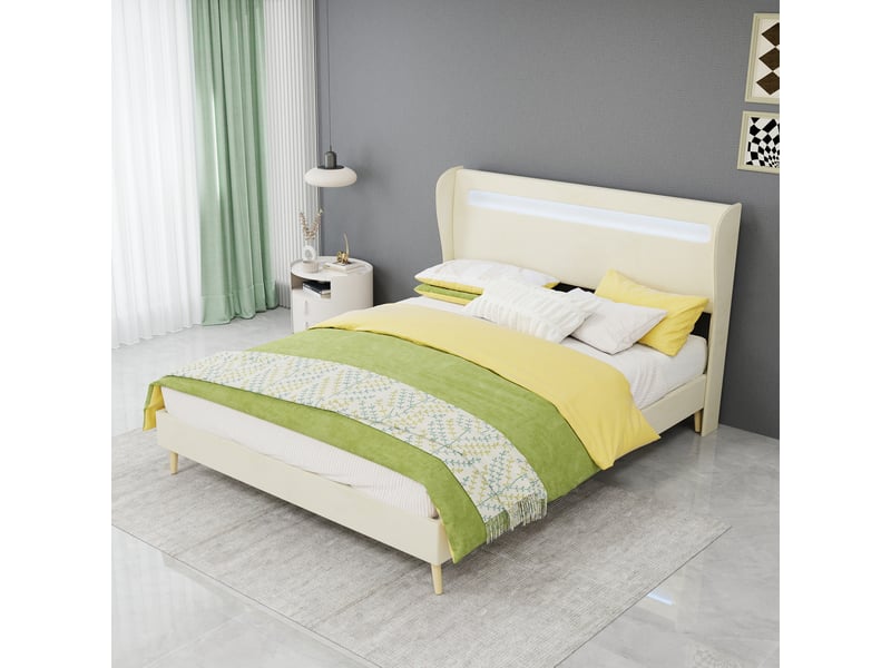  Lit adulte 140x200 cm en tissu beige avec led réglable, sans rangement  - Conforama B