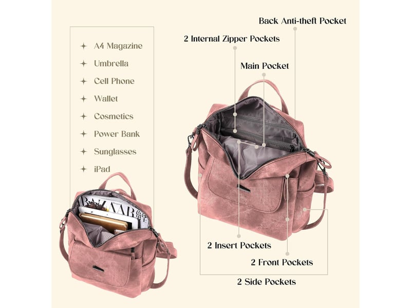  Sac à dos femme en cuir, petit format – imperméable, anti-vol, bandoulière pour ladies-rose  - Conforama C