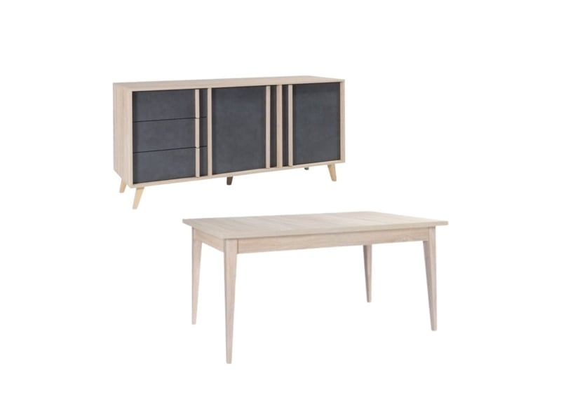  Salle à manger complète malmo avec table 6 places 160 cm et buffet 165 cm – chêne clair et gris  - Conforama A