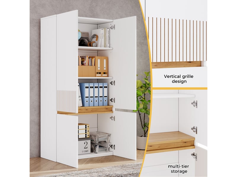  Armoire de rangement haute 80x35x160cm, 1 tablette ajustable, 4 portes à motifs striés, bureau ou entrée, meuble haut pour le séjour  - Conforama E