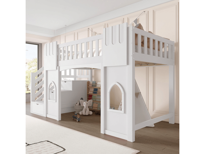  Lit mezzanine 90x200 avec escalier de rangement et fenêtres, blanc  - Conforama B