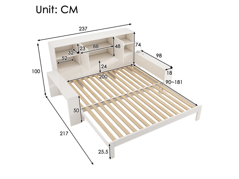  Modenvie lit gigogne 90x200 cm - avec rangement intégré, ports usb et usb-c, sans matelas - blanc  - Conforama C