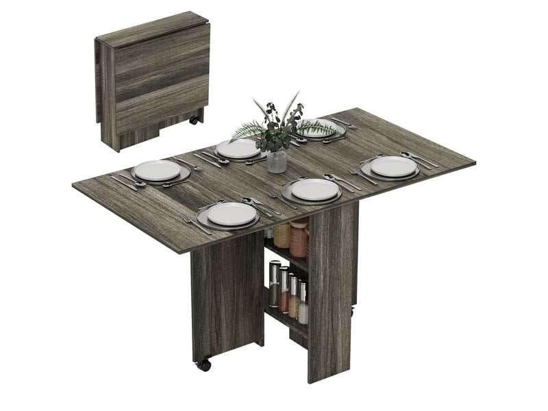  Table à abattants avec 2 étagères inférieures pour 6 personnes maximum, en bois, 140 x 75 x 74 cm, grise  - Conforama A