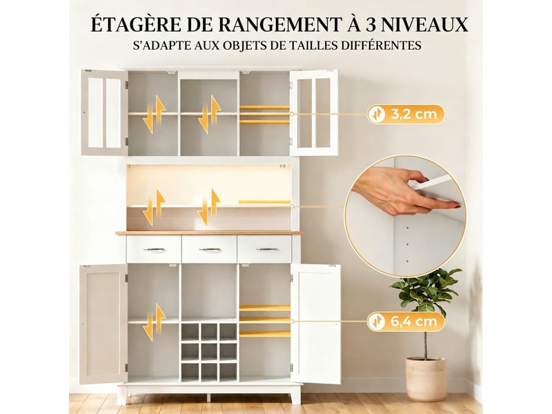  Meuble de cuisine muvano, vaisselier avec portes en verre trempé, blanc et décor chêne, 100 × 39,5 × 180 cm  - Conforama E