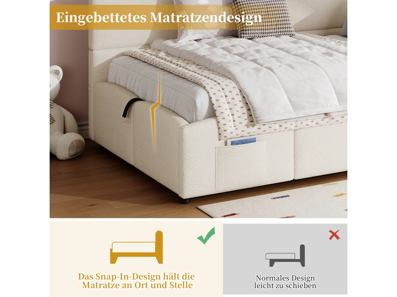  Lit banquette coffre rembourré 90x200 cm avec ouverture hydraulique, usb-a et usb-c, poches latérales, sommier à lattes, bouclé beige Radiant Stride - Conforama E