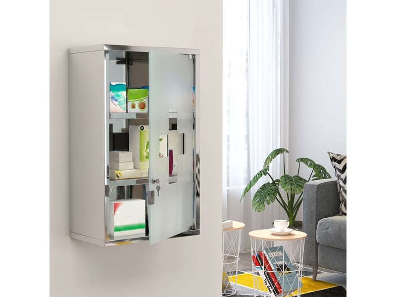  Armoire à pharmacie murale à 3 niveaux en acier inoxydable avec porte verrouillable en verre avec 2 clés  - Conforama D