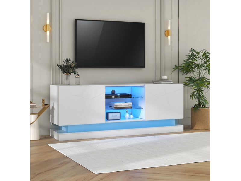  Meuble tv blanc mat 160 cm avec rangement, étagères réglables et éclairage usb  - Conforama D