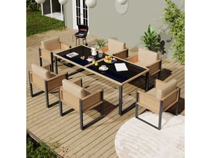 Salon de jardin 6 places en résine tressée beige avec coussins déhoussables et lavables