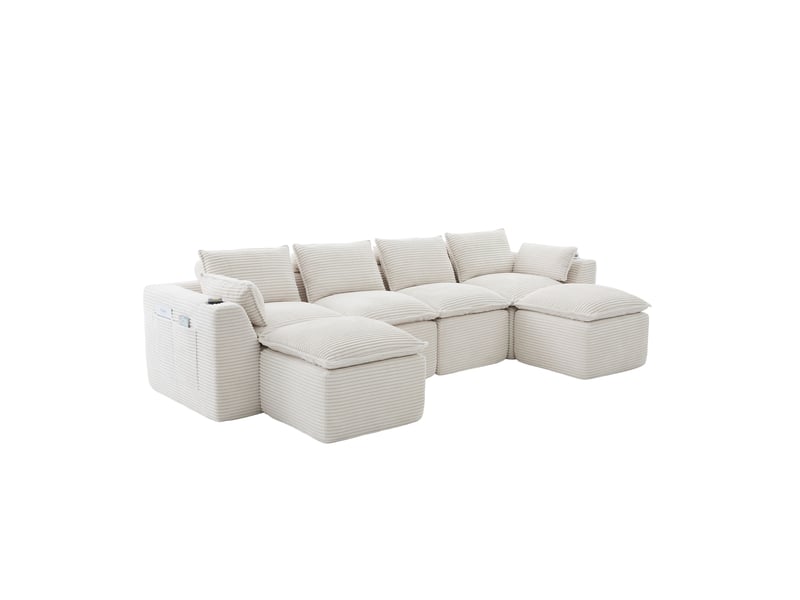  Canapé modulable compression d'angle en u,322x161x75cm,velours côtelé,canapé 4 places avec 2 poufs,porte-gobelets,poches latérales,sans montage,beige  - Conforama A