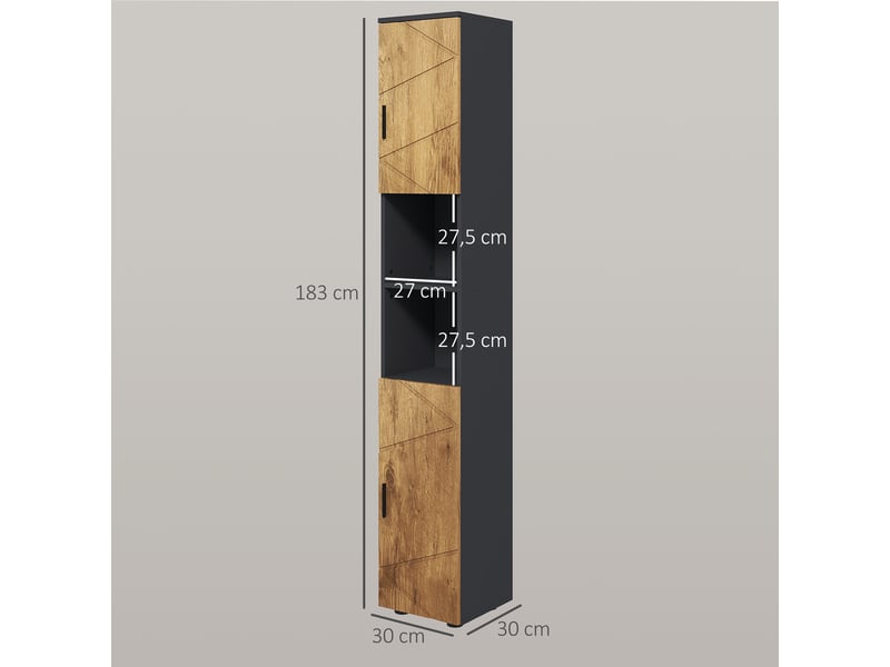  Meuble colonne armoire rangement salle de bain 2 portes étagère réglable 2 niches 30 x 30 x 183 cm gris foncé chêne  - Conforama C