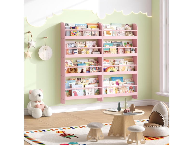  Bibliotheque enfant, bibliothèque murale avec 4 étagères, etagere murale, rangement livre jouets pour chambre d'enfants salle de jeux, rose 58x12x111cm  - Conforama B