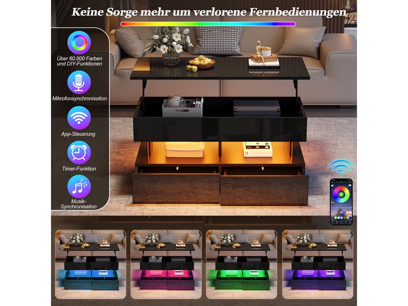  Table basse coloris noir 100 × 50 × 46 cm, en mdf et acrylique, avec 2 tiroirs, éclairage led et rangement ouvert  - Conforama C