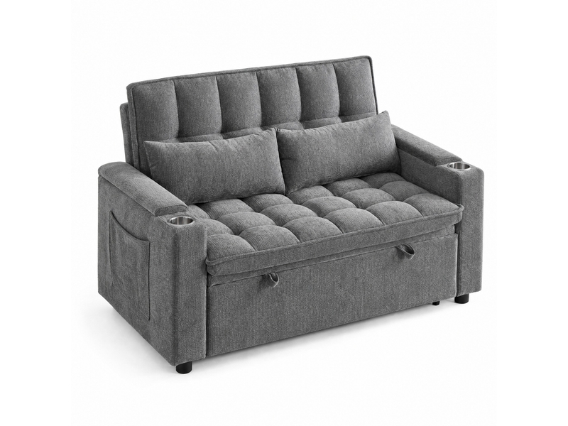  Canapé-lit 3-en-1 142x89x89 cm convertible, 2 porte-gobelets, rangements, chenille, gris sans matelas  - Conforama A