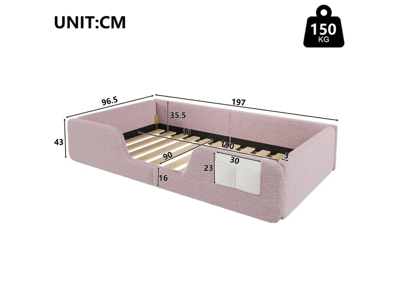 Lit enfant 90x190 cm, lit simple rembourré en velours rose, barrières de sécurité amovibles, côtés rembourrés, poche de rangement intégrée - Conforama E