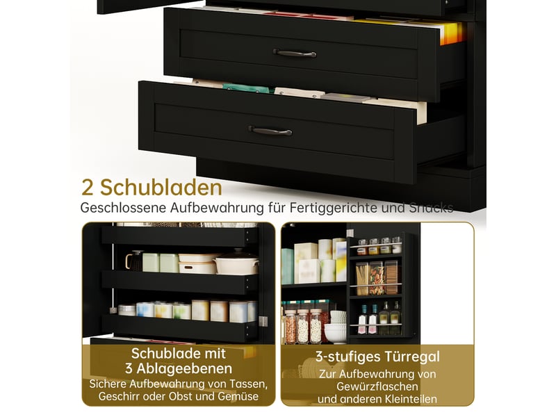  Buffet de cuisine noir 180x80x37,5 cm, meuble haut en mdf avec 2 tiroirs intégrés et étagères coulissantes pour rangement cuisine  - Conforama D
