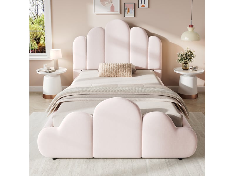  Lit enfant 90 × 200 cm avec cadre à lattes, tête et pied de lit rembourrés en velours rose, chambre 216 × 106 × 89 cm  - Conforama E