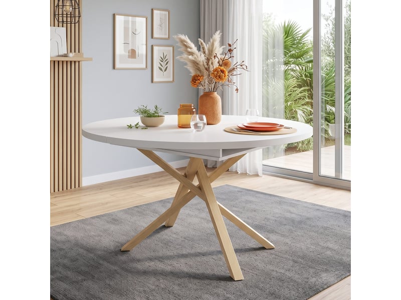  Table à manger extensible 100-140 x 100 cm, 4-6 personnes, pieds croisés, blanc et bois Jamama eleni - Conforama E