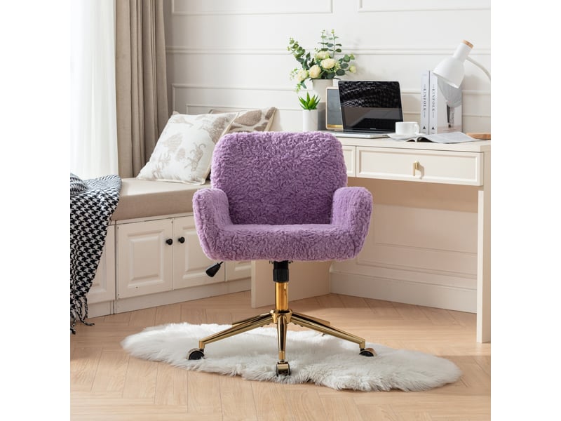  Fauteuil de bureau 62x61x90cm - avec base dorée – hauteur réglable, pivotant 360° et roulettes – fourrure de lapin - violet  - Conforama D
