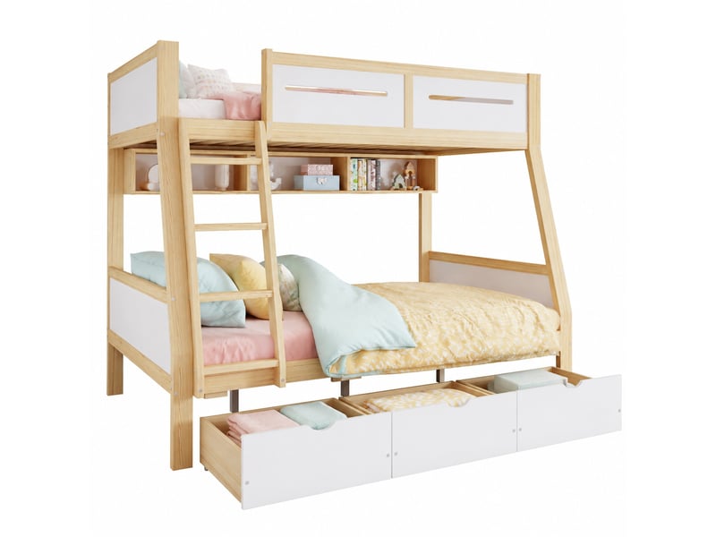 Lit superposé enfant 90x200 et 120x200 cm – blanc et naturel – 3 tiroirs et bibliothèque 2 m - sans matelas - Conforama A