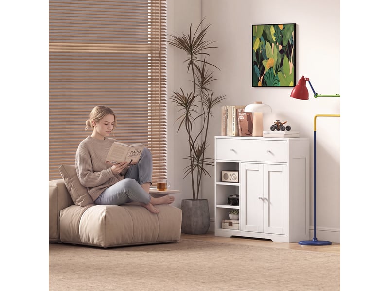  Meuble bas salle de bain effet bois blanc 2 portes 3 niches tiroir  - Conforama D