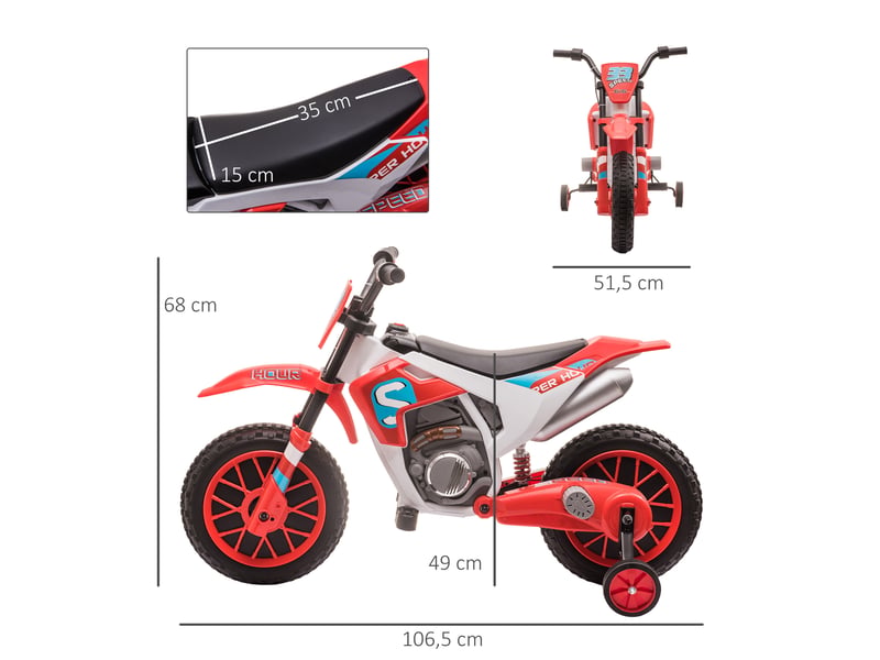 Moto électrique pour enfants de 3 ans et plus, 12 v, avec 2 roues d'équilibre, vitesse 3-8 kmh, démarrage progressif, 106,5 x 51,5 x 68 cm, rouge - Conforama E