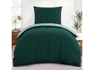 Housse de couette 140x200 réversible avec 1 taie d'oreiller 65x65 cm (vert foncévert) - parure de lit 140 x 200 adulte 1 personne microfibre, parure couette avec fermetures éclair