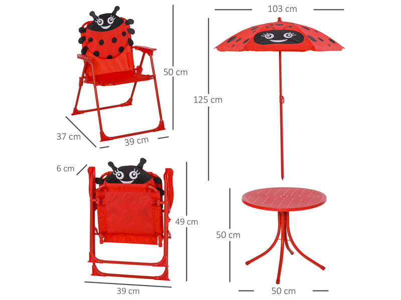  Ensemble table chaises jardin enfant, pique-nique pliable, parasol hauteur 100-125cm, motif coccinelle rouge.  - Conforama D