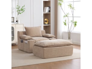 Méridienne salon en tissu chenille couleur kaki clair, fauteuil relax sans montage avec porte-gobelet et poche latérale
