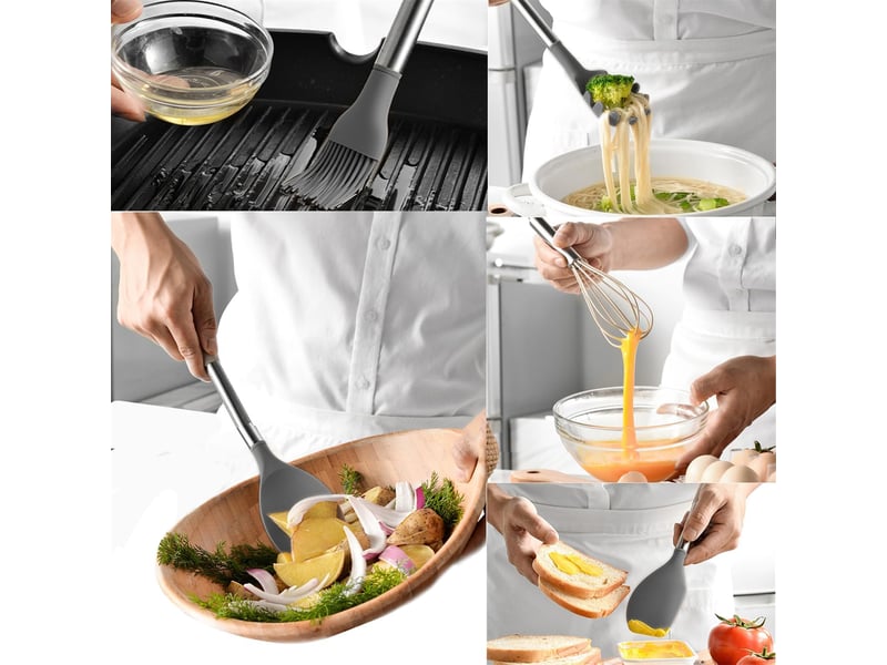  Service de 12 ustensiles de cuisine,meulva,35x12x12 cm,silicone et acier inoxydable,gris  - Conforama E