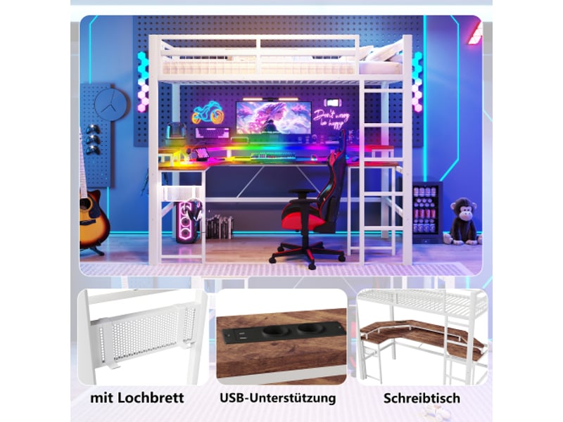 Lit mezzanine 90x200 cm en fer blanc, led changeante, bureau intégré, usb-cusb, 2 prises, panneau perforé, sans matelas - Conforama E