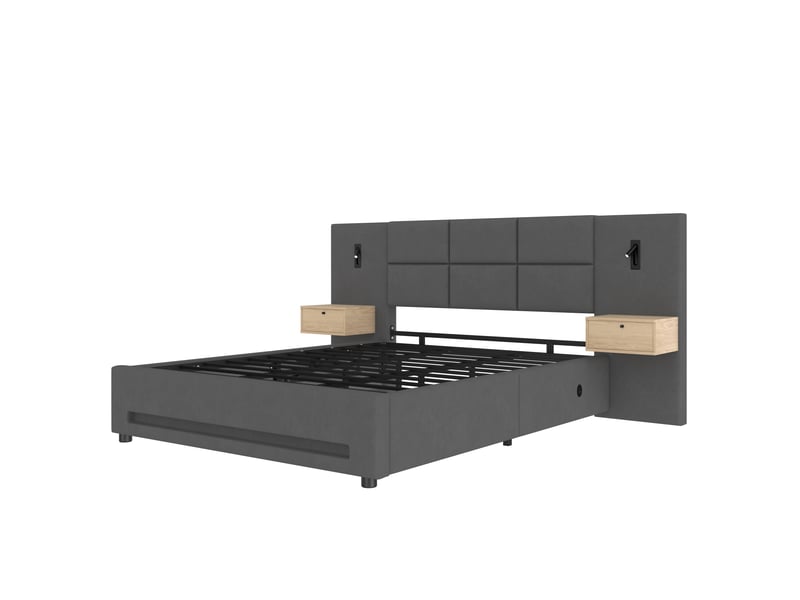  Lit double rembourré 180x200 cm avec led et port usb-c, gris foncé, lit double hydraulique avec tête de lit en velours et tiroir  - Conforama B