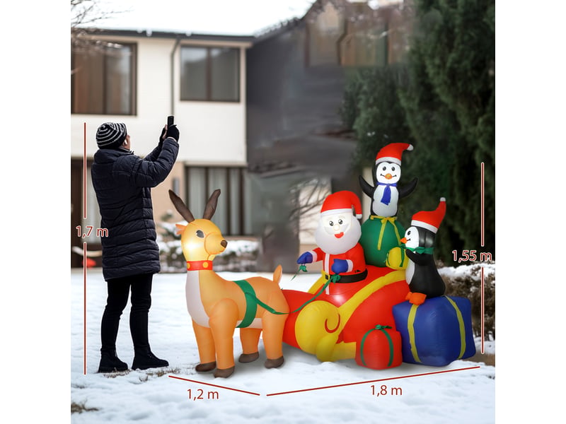  Père noël gonflable avec traîneau, pingouins et rennes, lumières led, décoration de noël pour l'intérieur et l'extérieur, 180 x 120 x 155 cm  - Conforama E