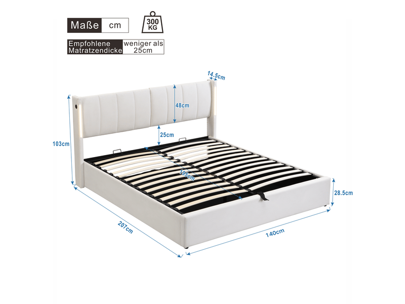 Lit coffre 140x200 cm multifonction avec led et port usb, pu, blanc, sans matelas - Conforama C