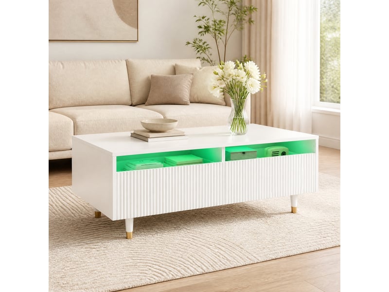  Table basse led 110 x 50 x 40 cm, 2 tiroirs, éclairage bluetooth, blanche  - Conforama B