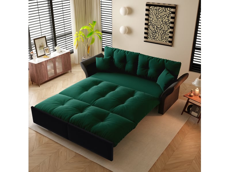 Canapé-lit convertible 3-en-1 modenvie 190 x 85 x 91 cm, 2 places, en velours vert avec 2 coussins - Conforama B