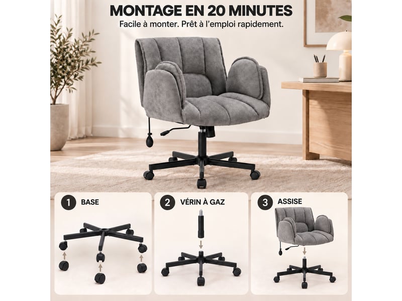  Fauteuil ergonomique tissu accoudoirs rabattables, coussin lombaire gonflable, assise large, pivot 360° 150kg-gris  - Conforama C