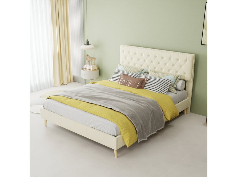  Lit 2 personnes 140x200 cm avec sommier à lattes, cadre de lit adulte avec tête de lit moelleuse, gris, lit double  - Conforama C