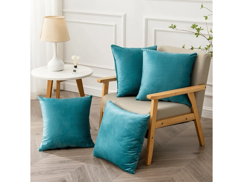  Housses de coussin décoratives en velours doux de qualité supérieure pour canapé - lit, lot de 4, bleu sarcelle, 45 x 45 cm  - Conforama C