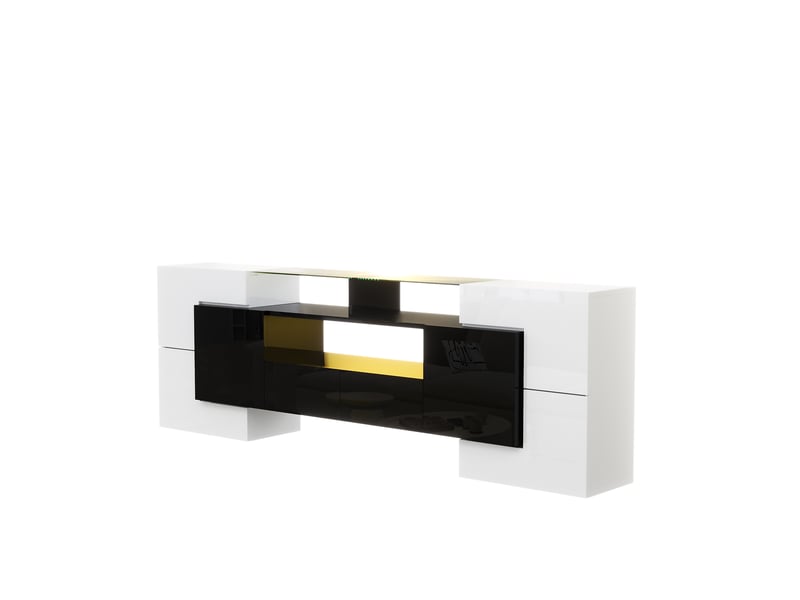  Meuble tv 200 cm blanc et noir brillant avec led, surface en verre, design moderne pour écran 50-59 pouces  - Conforama W