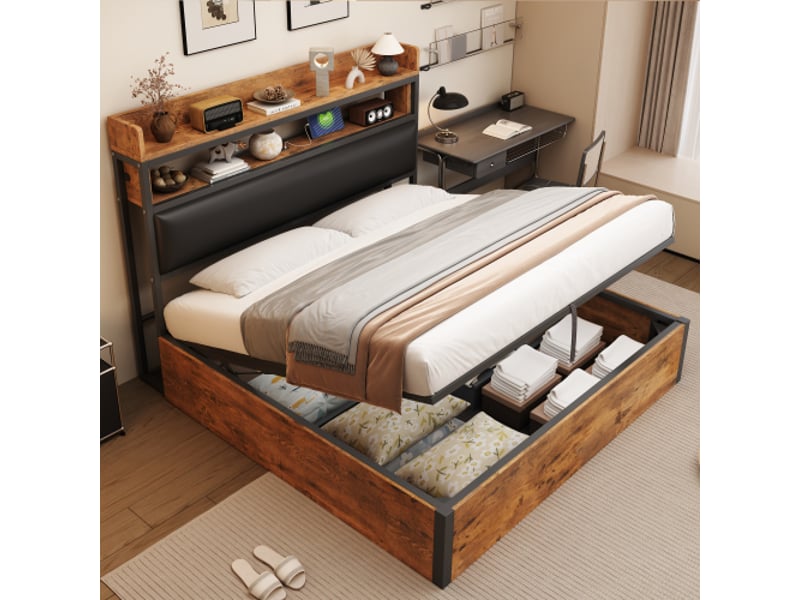  Lit double 180x200 avec rangement hydraulique et usb, tête de lit capitonnée, bois et métal vintage noir  - Conforama E