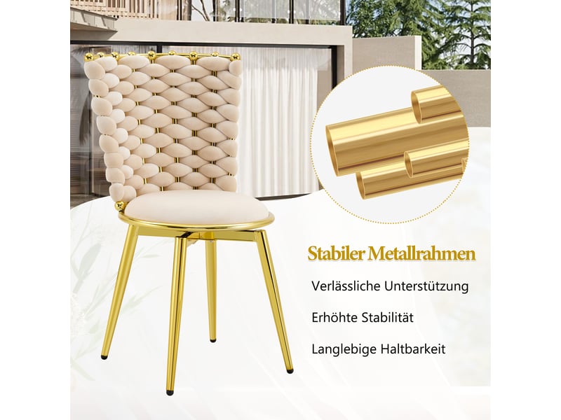  Chaises de salle à manger lot de 2 avec dossier en corde tressée  - pieds en métal doré velours beige  - Conforama E